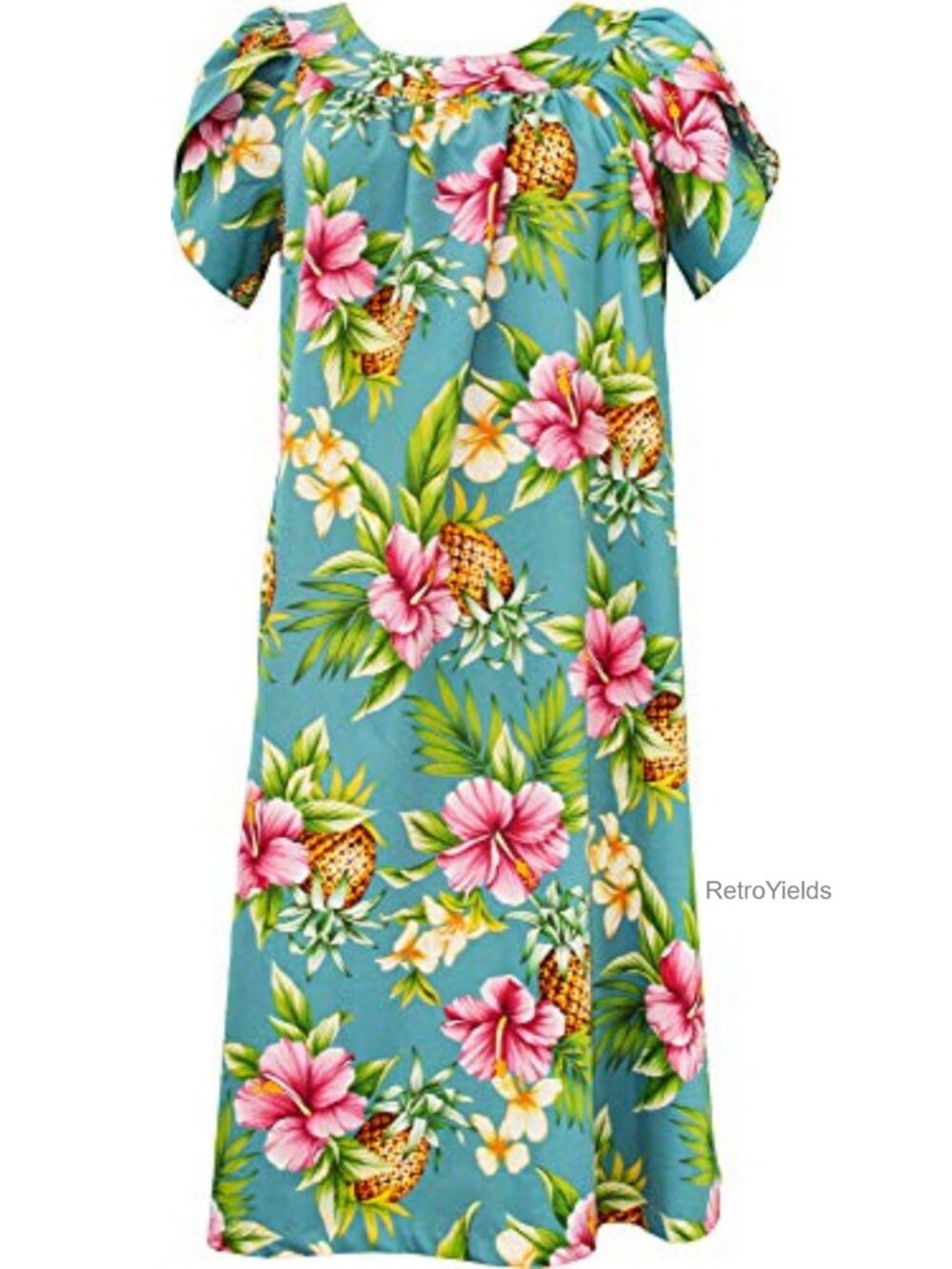 RJC 100% Cotton Tea Length Hawaiian Muumuu House Dress Petal Sleeve